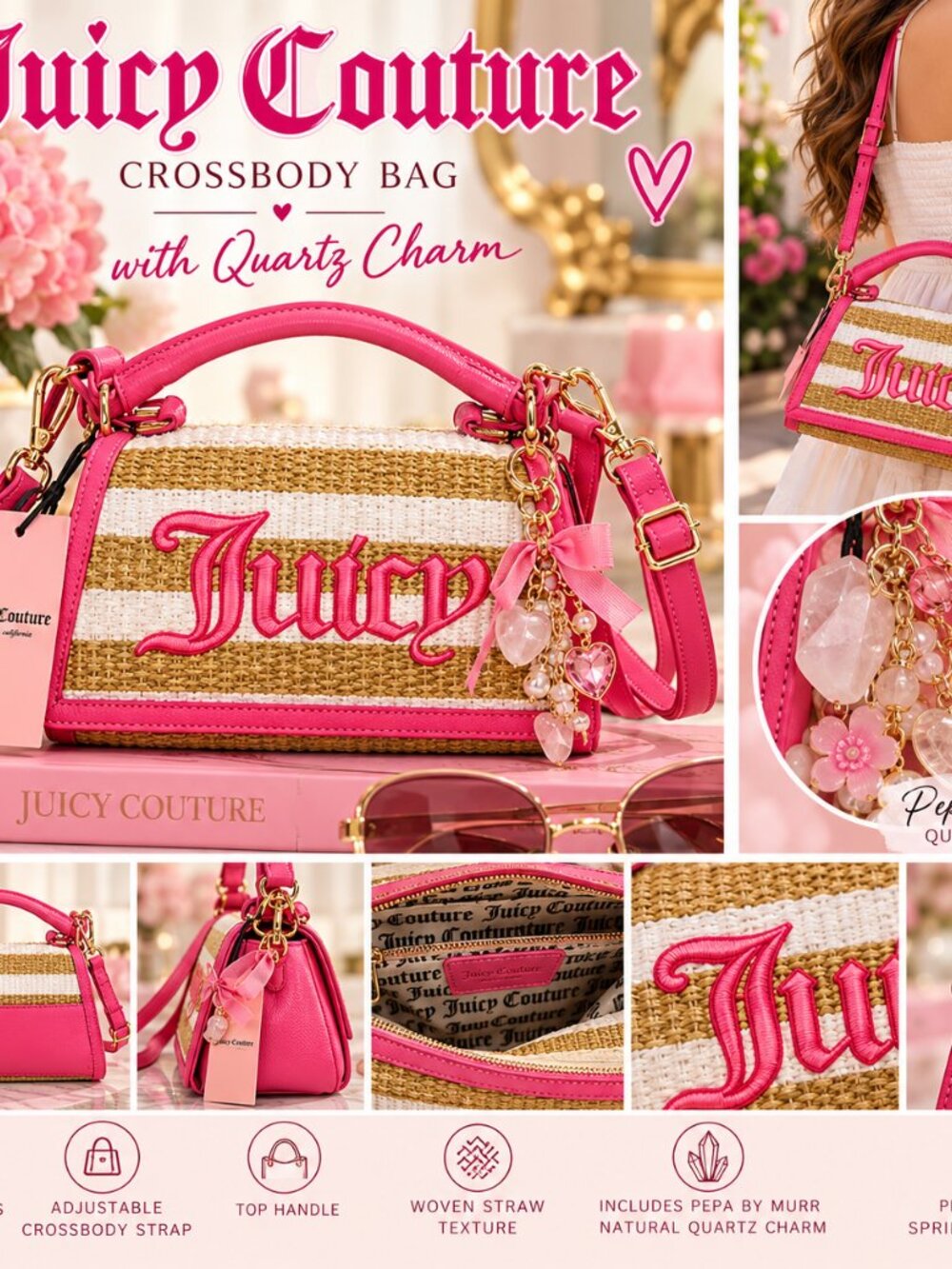 Juicy Couture Pink Straw Crossbody Bag + Quartz Charm